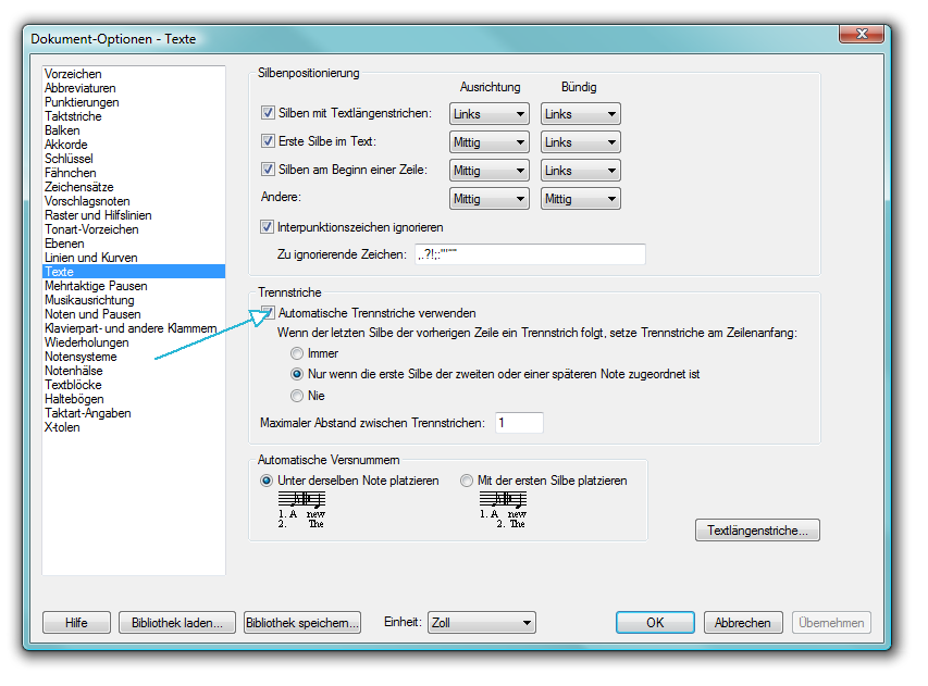 Dialogbox Dokument-Optionen - Texte-Dialogbox mit markierter Option Automatische Trennstriche verwenden